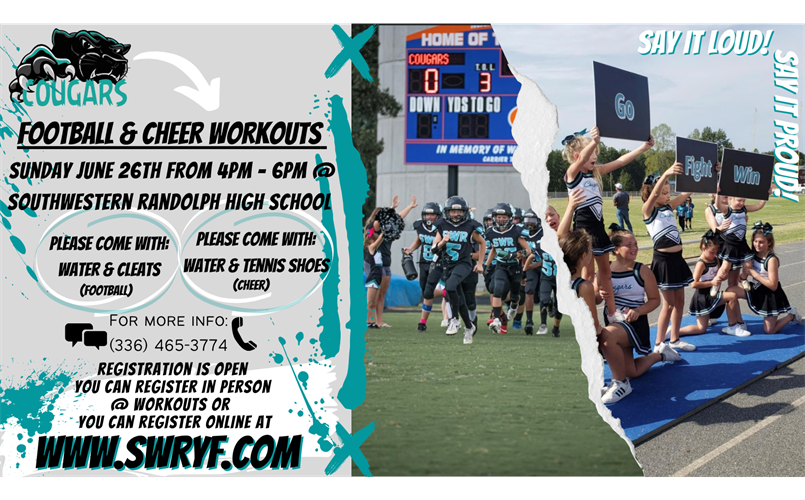 Football and Cheer open workouts Sunday 6/26/22 @ 4:00PM